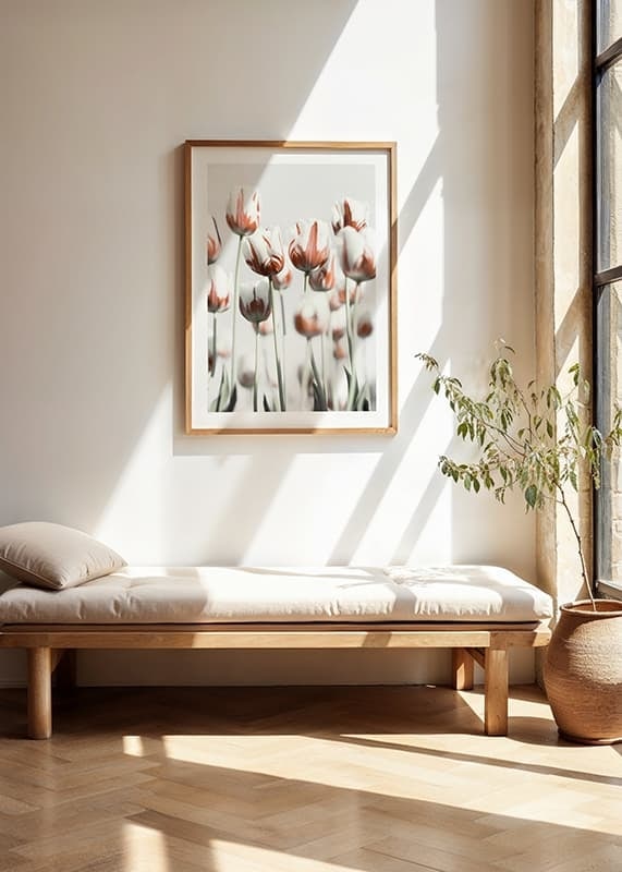 Fotografische weiße Tulpen mit roten Akzenten vor hellem Hintergrund-12