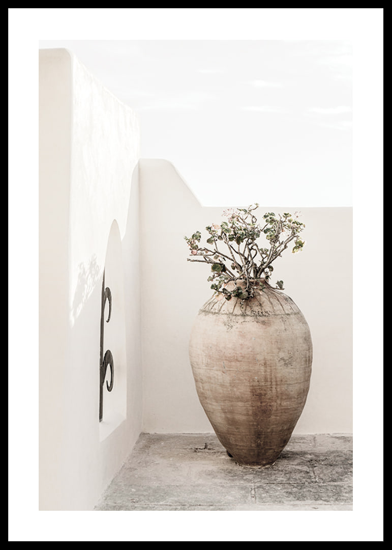 Large clay pot with plant against white plastered wall, photographic-12