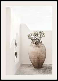 Large clay pot with plant against white plastered wall, photographic-2