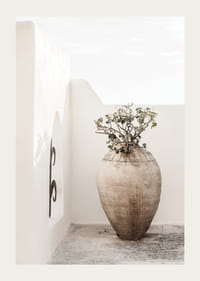 Stor lerkruka med växt mot vit putsad vägg, fotografisk-3