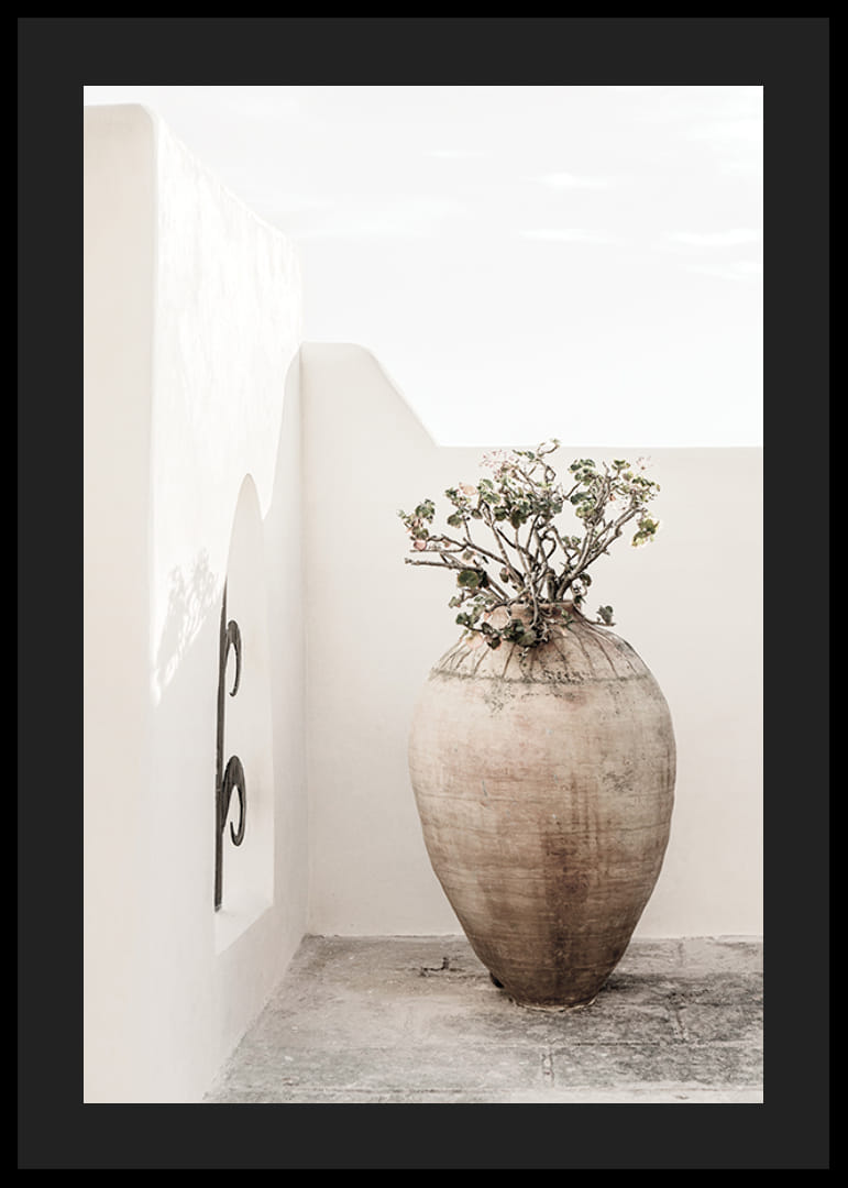 Stor lerkruka med växt mot vit putsad vägg, fotografisk-12