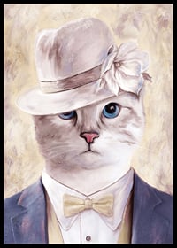 Illustrated cat with beige hat and blue suit against light background-6