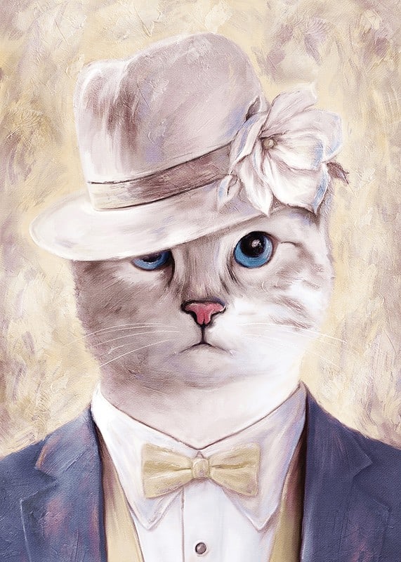 Illustrated cat with beige hat and blue suit against light background-12