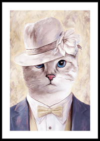 Illustrated cat with beige hat and blue suit against light background-0