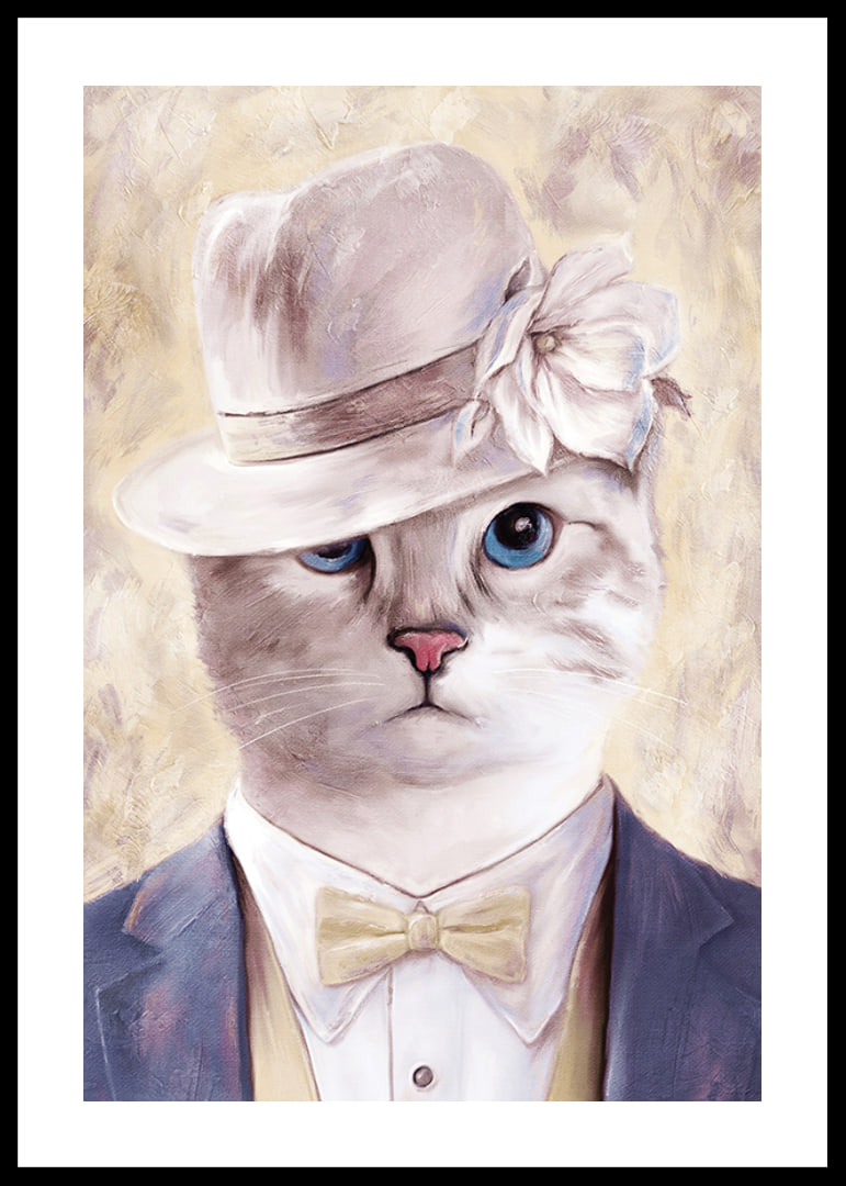 Illustrated cat with beige hat and blue suit against light background-12