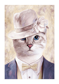 Illustrated cat with beige hat and blue suit against light background-1