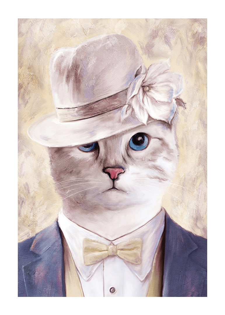 Illustrated cat with beige hat and blue suit against light background-12