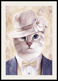 Illustrated cat with beige hat and blue suit against light background-2