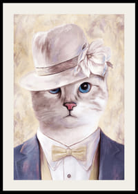 Geïllustreerde kat met beige hoed en blauw pak tegen een lichte achtergrond-2