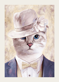 Illustrated cat with beige hat and blue suit against light background-3