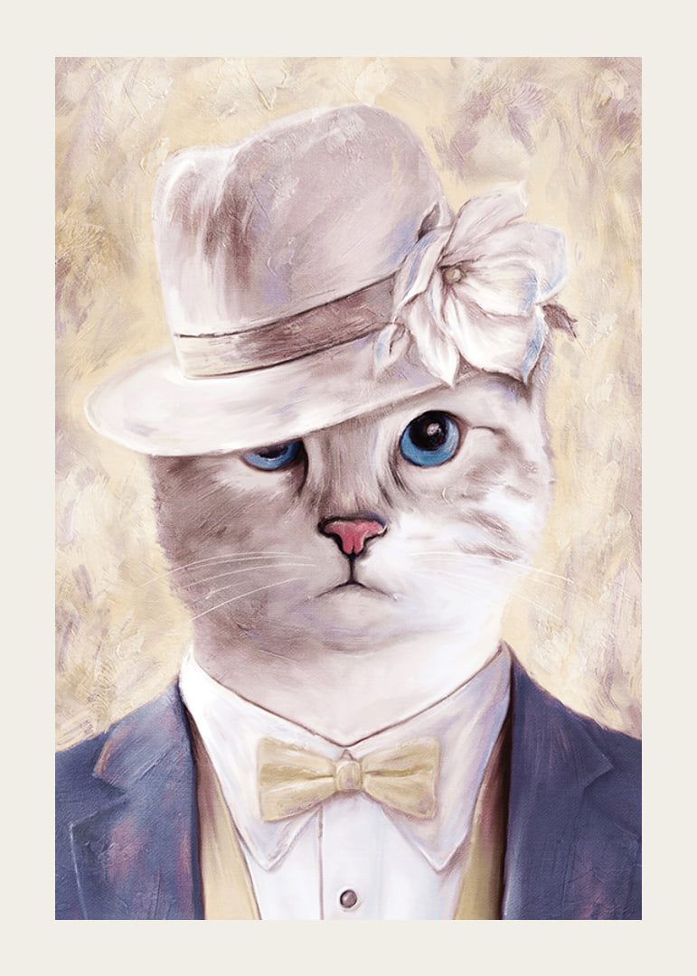 Illustrated cat with beige hat and blue suit against light background-12