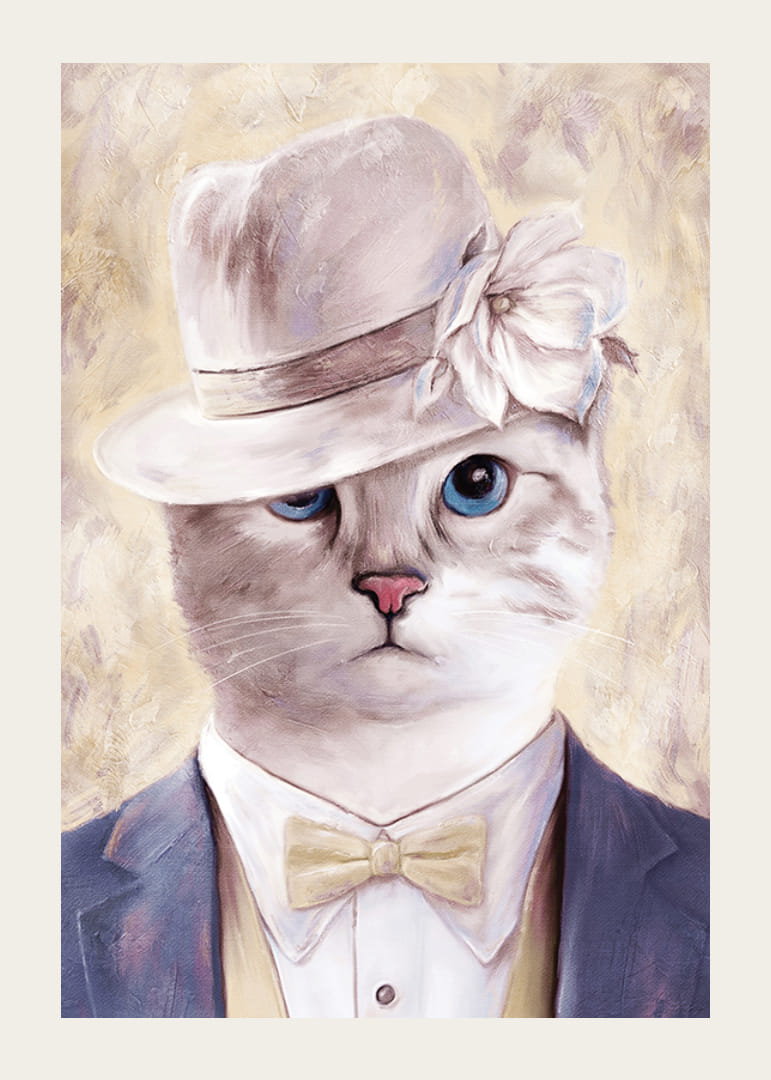 Geïllustreerde kat met beige hoed en blauw pak tegen een lichte achtergrond-12