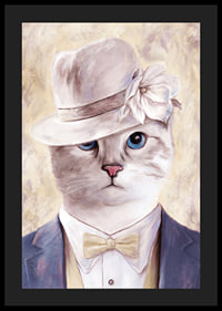 Illustrated cat with beige hat and blue suit against light background-4