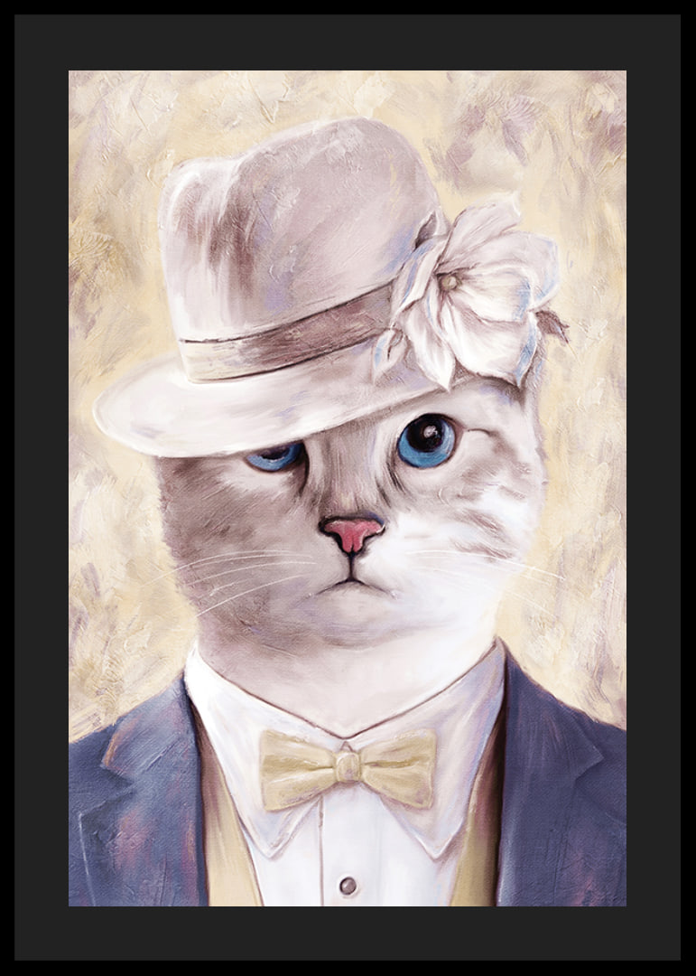 Illustrated cat with beige hat and blue suit against light background-12