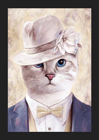 Illustrated cat with beige hat and blue suit against light background-5