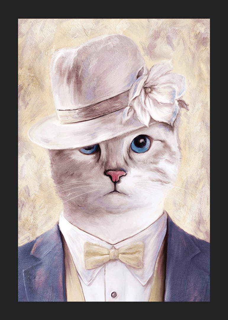 Illustrated cat with beige hat and blue suit against light background-12