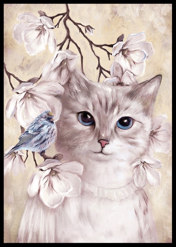 Illustrated cat with blue bird among bright flowers-12