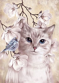Illustrated cat with blue bird among bright flowers-7