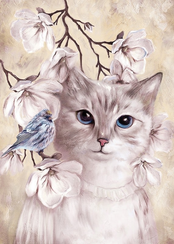 Illustrated cat with blue bird among bright flowers-12