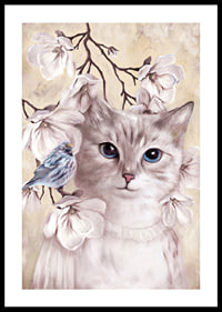Illustrated cat with blue bird among bright flowers-0