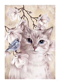 Illustrated cat with blue bird among bright flowers-1
