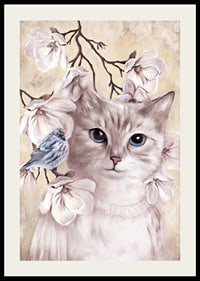 Illustrated cat with blue bird among bright flowers-2