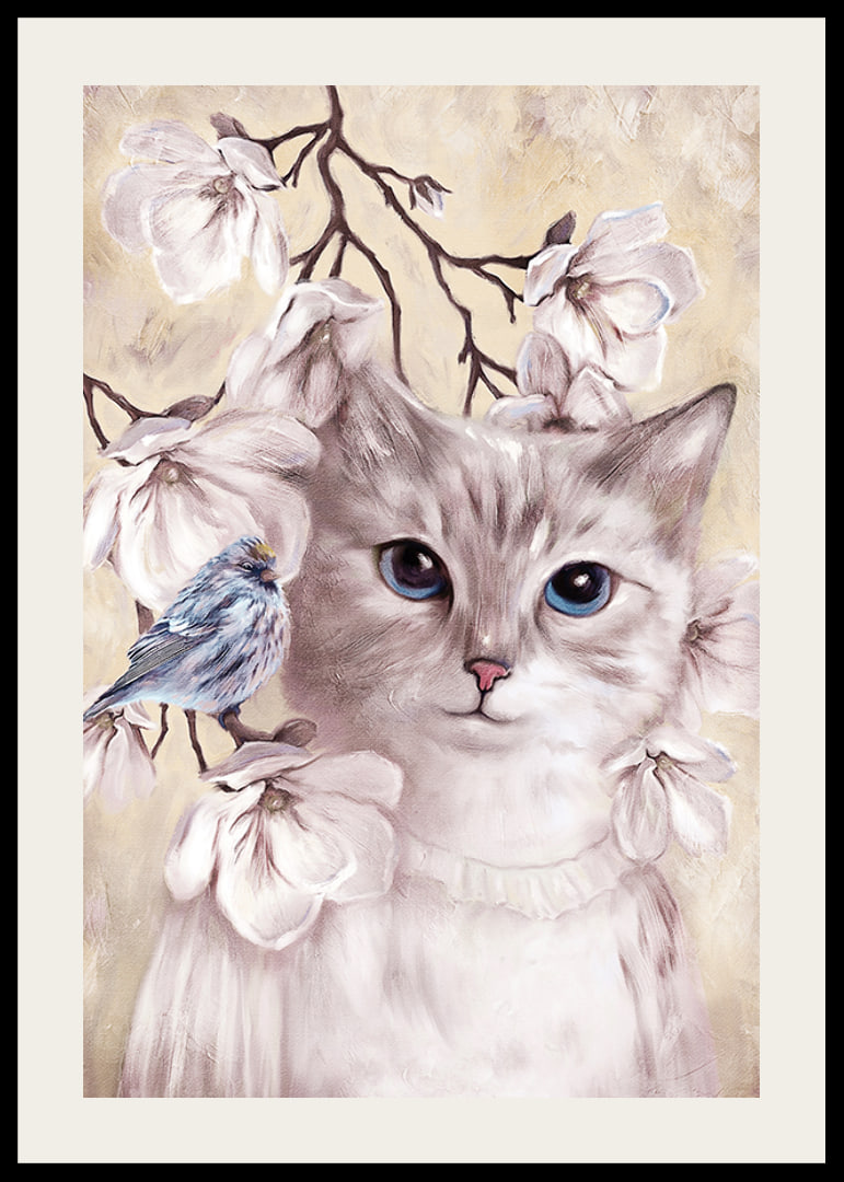 Illustrated cat with blue bird among bright flowers-12