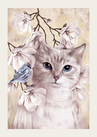 Illusztrált macska kék madárral élénk virágok között-3