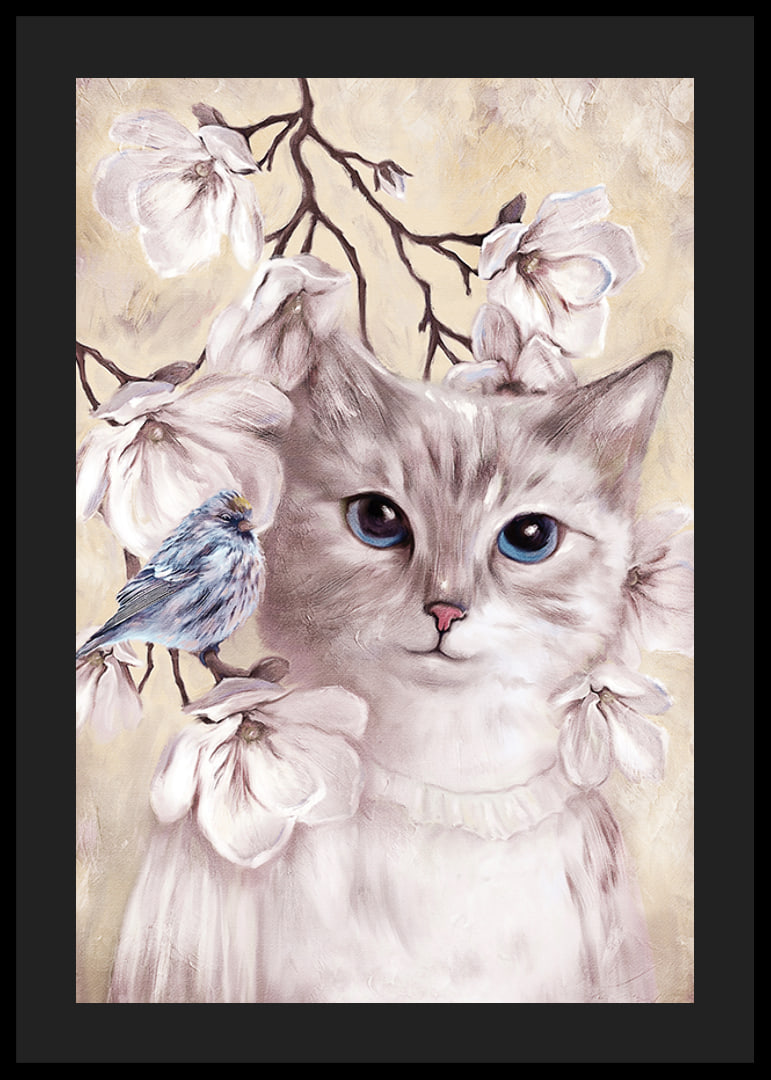 Illustrated cat with blue bird among bright flowers-12