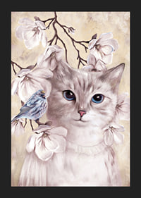 Illustrated cat with blue bird among bright flowers-5