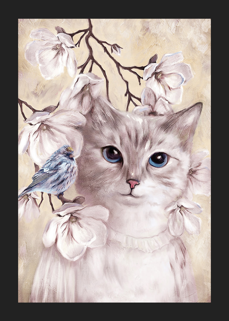Illustrated cat with blue bird among bright flowers-12