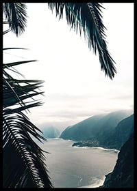 Fotografi av palmlöv i förgrunden med kust och berg i dimma-6