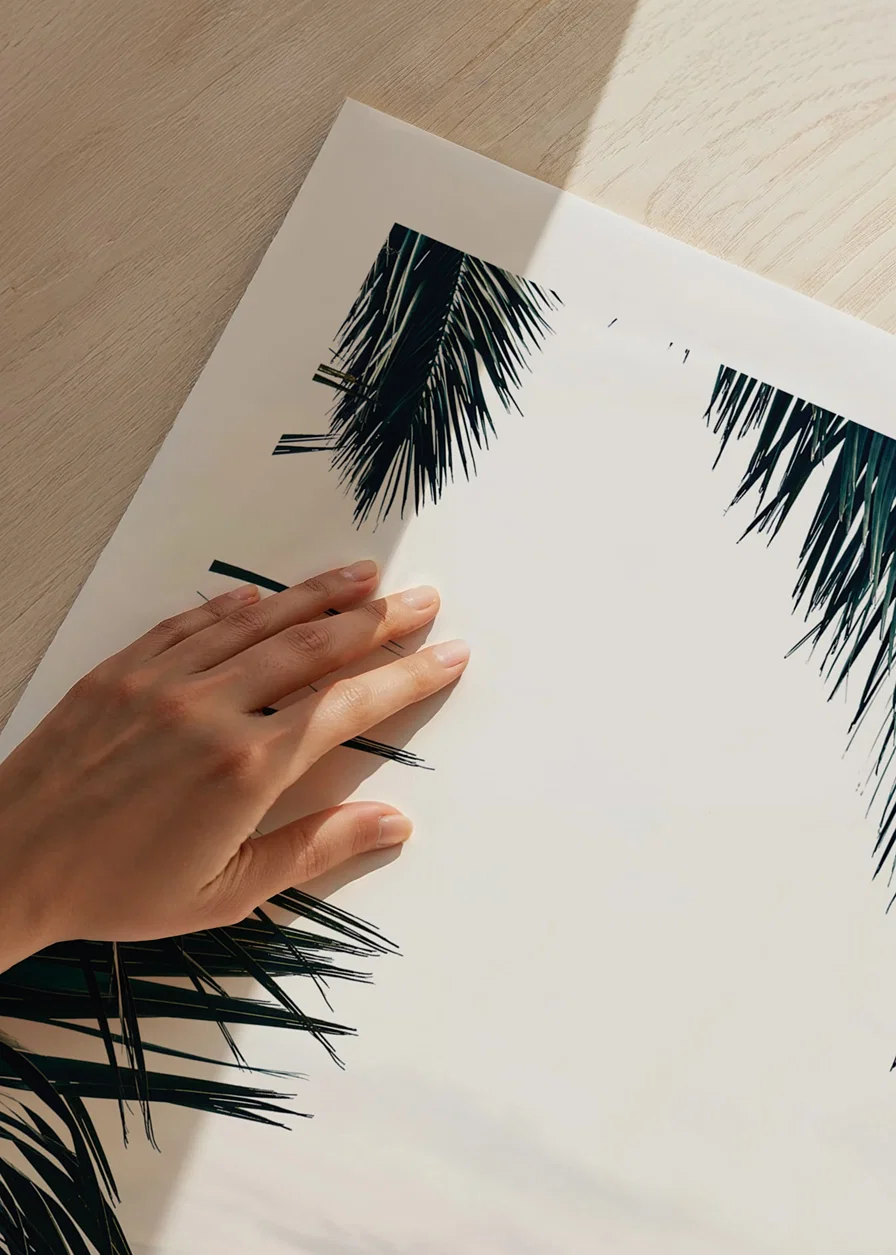 Photograph of palm leaves in the foreground with coast and mountains in fog-12