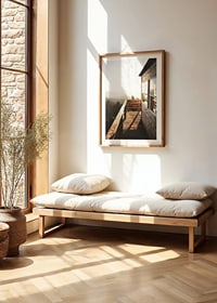 Photograph of wooden porch against sunset and forest in warm tones-8
