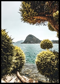 Photograph of lake landscape with treetops and mountains in the background-6
