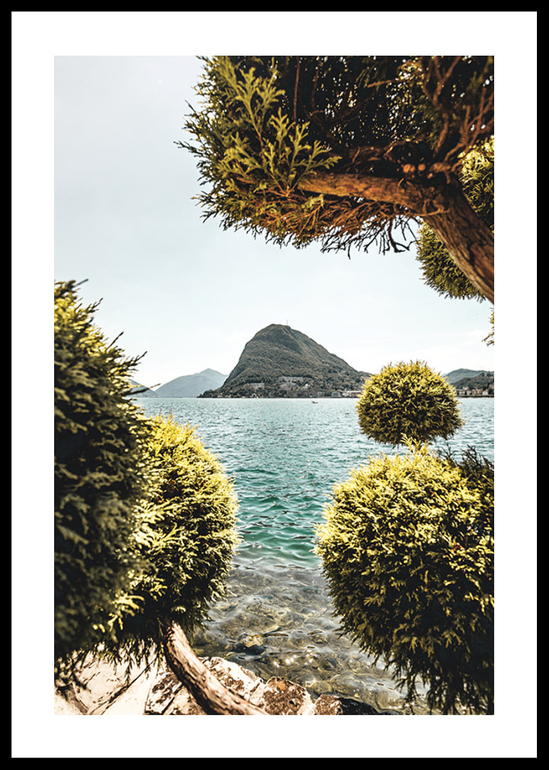 Photograph of lake landscape with treetops and mountains in the background-12