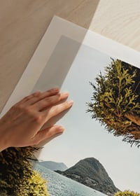 Photograph of lake landscape with treetops and mountains in the background-9