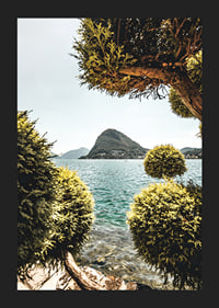 Photograph of lake landscape with treetops and mountains in the background-5