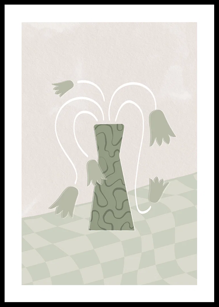 Abstract green vase with stylized tulips on soft background-12