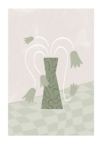 Abstrakt grønn vase med stiliserte tulipaner på myk bakgrunn-1