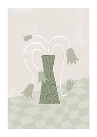 Abstract green vase with stylized tulips on soft background-1