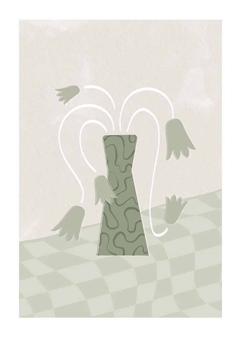 Abstract green vase with stylized tulips on soft background-12