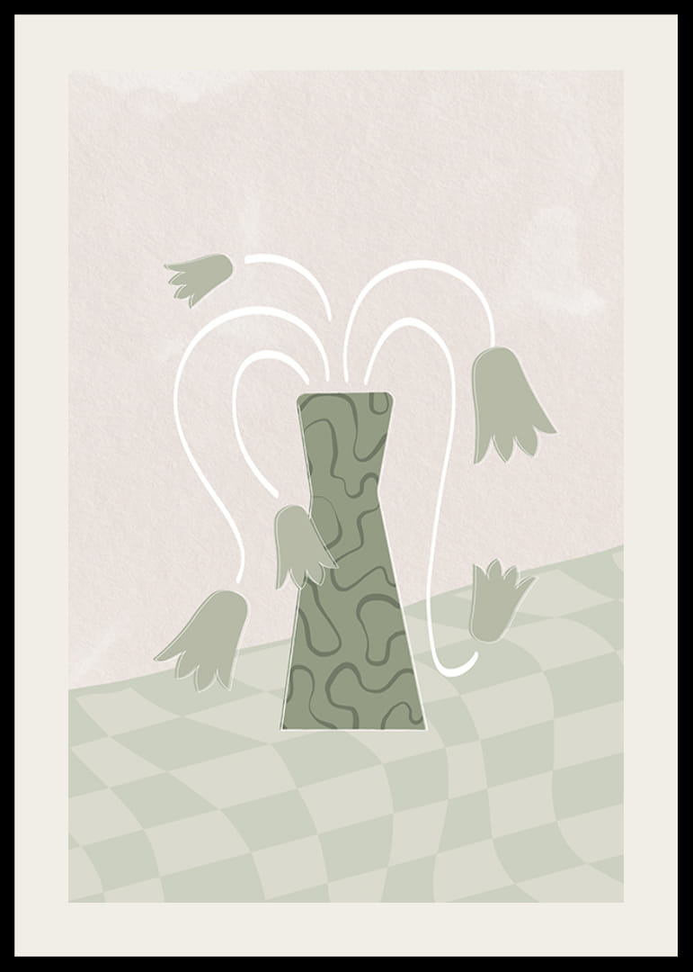 Absztrakt zöld váza stilizált tulipánokkal puha háttéren-12