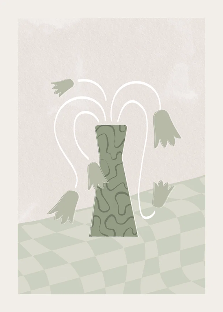 Abstract green vase with stylized tulips on soft background-12