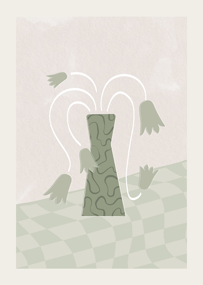 Absztrakt zöld váza stilizált tulipánokkal puha háttéren-12