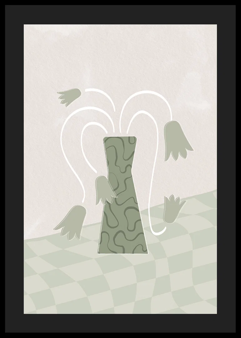 Abstract green vase with stylized tulips on soft background-12