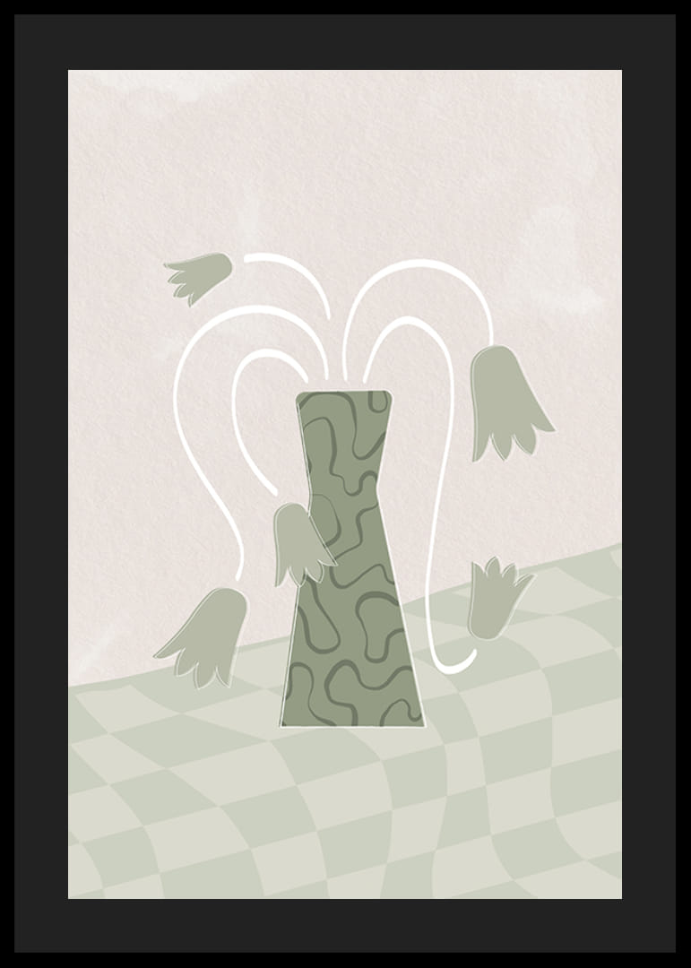 Absztrakt zöld váza stilizált tulipánokkal puha háttéren-12