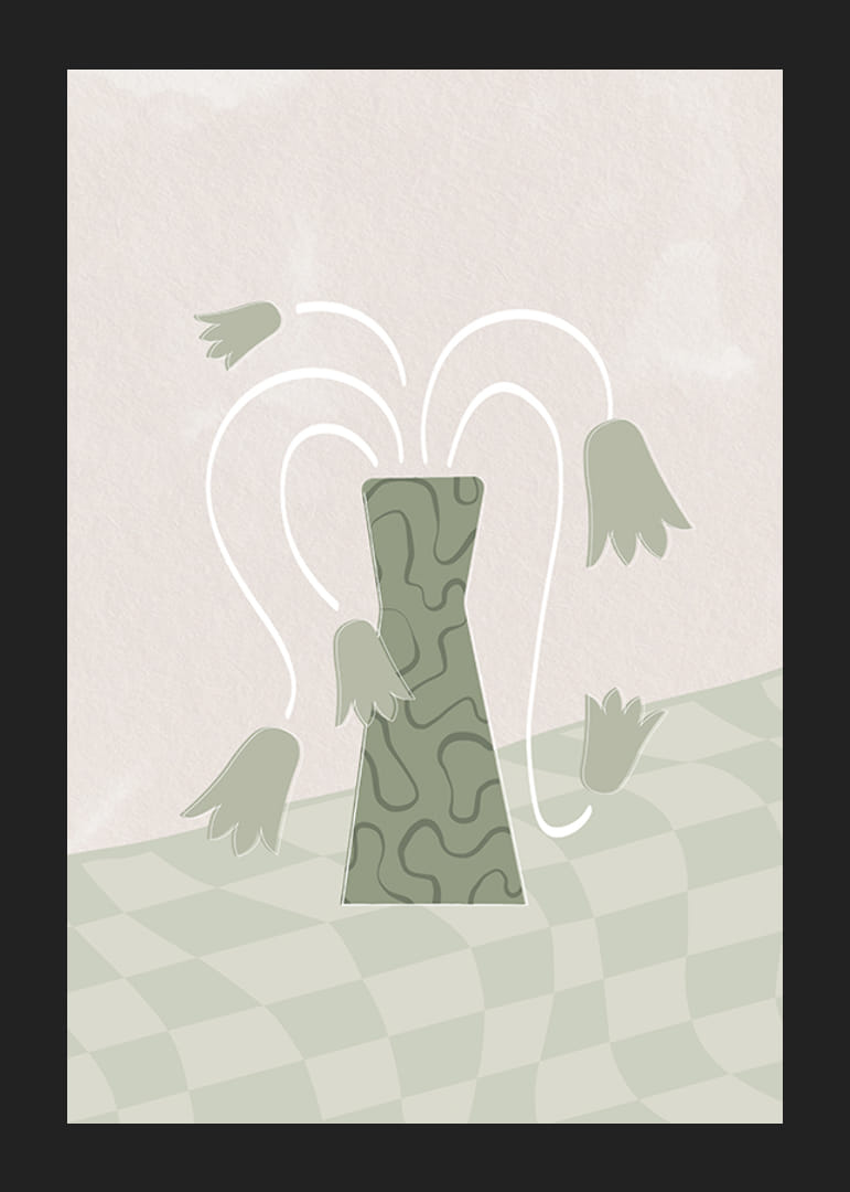 Absztrakt zöld váza stilizált tulipánokkal puha háttéren-12