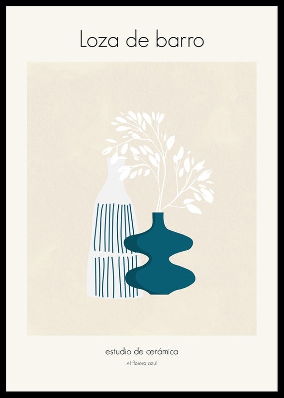 Abstracte illustratie van twee vazen ​​in blauw en wit met plantenmotieven-12