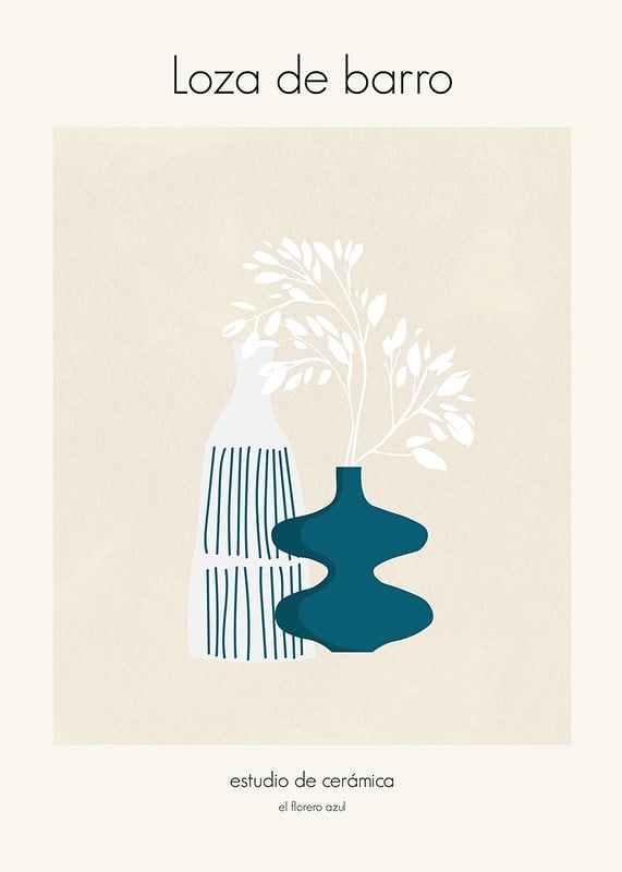 Abstracte illustratie van twee vazen ​​in blauw en wit met plantenmotieven-12
